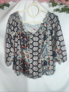 Printed Peasant Blouse in Navy, Cream, and Rust